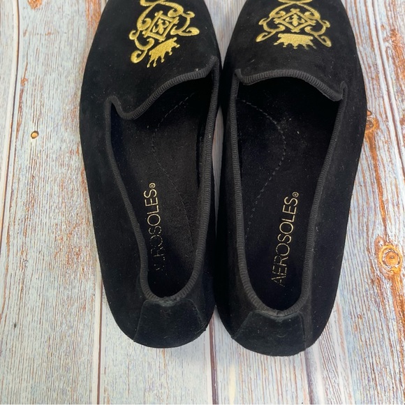 Aerosoles Black Velvet Betunia Smoking Slipper Loafer Gold Crown Embroidery 5.5 - Picture 3 of 8